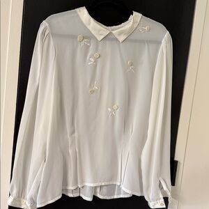 Laura & Jayne vintage 1980s white long-sleeve  blouse embroidered collar& flower